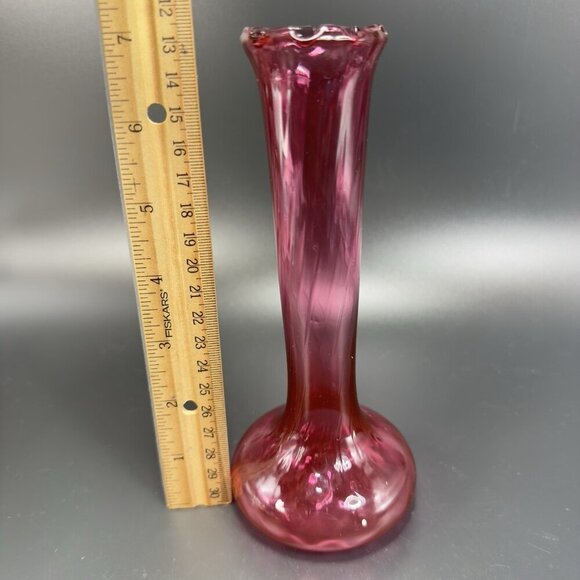 Antique Cranberry Art Glass Vase Wavy Ruffled Top Bud Vase Hand Blown Textured - Picture 3 of 11